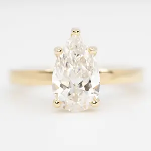 Adele Ring with a 1.98 Carat Lab Grown Pear Diamond and Hidden Diamond Halo in 14k Yellow Gold - Ready to Size and Ship