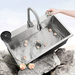 Single Bowl Kitchen Sink with pull-out faucet, cup washer, soap dispenser, drain basket &complete drain kit, 304 Stainless Steel Drop-in Sink with Central Drain, Faster Drainage Workstation Sink