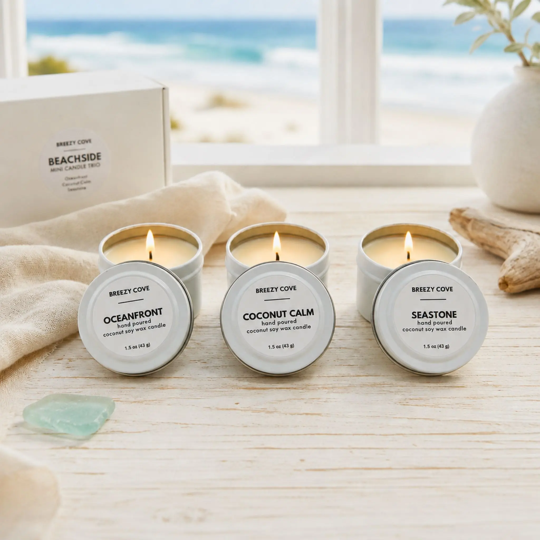 Beachside Mini Candle Trio – Nontoxic Long-Burning Beach Scented Candles, Mini Candle Gift Set, Coconut Soy Relaxation White Candle, Beach Therapy Scented Candle Gift Set, Coconut Scented Candle, Ocean Scented Candle, Spa Scented Candle