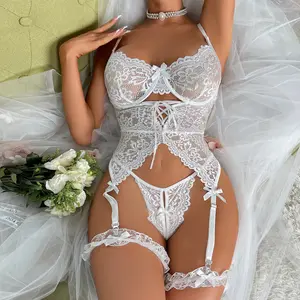 4 Piece Sets Floral Lace Up Lingerie Teddy Babydoll Sexy Bodysuit Bowknot Lace Corset Top, Cute Nightwear Best Gift, Valentine's Date night, Open-Back Design, Curve-Hugging Fit, Plus Size Friendly