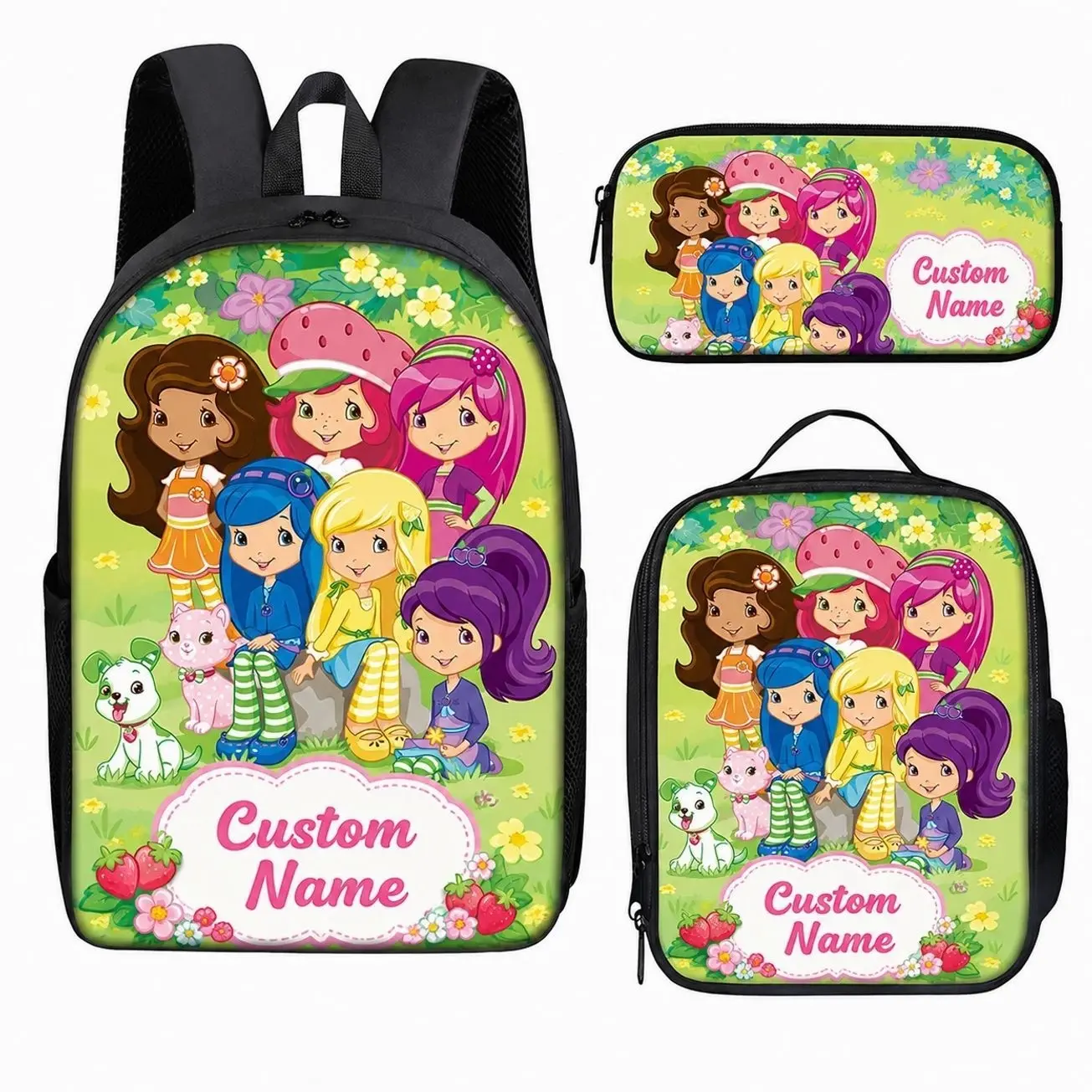Custom Name Sweet Strawberry Cake Student Backpack Set | 3Pcs Schoolbag Insulated Lunch Bag Pencil Case | Personalized Back to School Gift