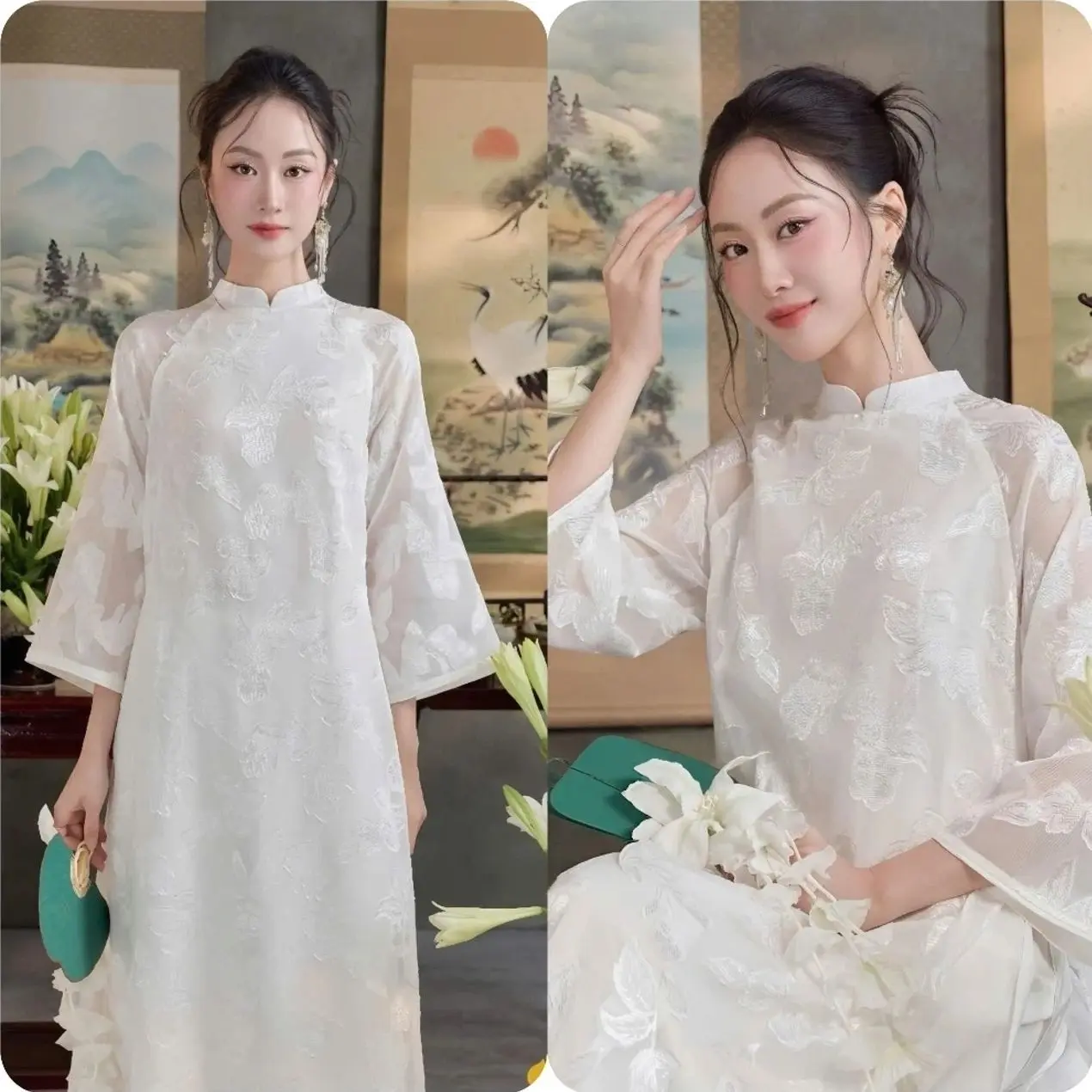 Elegant Organza Ao Dai Set – Traditional Vietnamese Vintage Style Tunic
