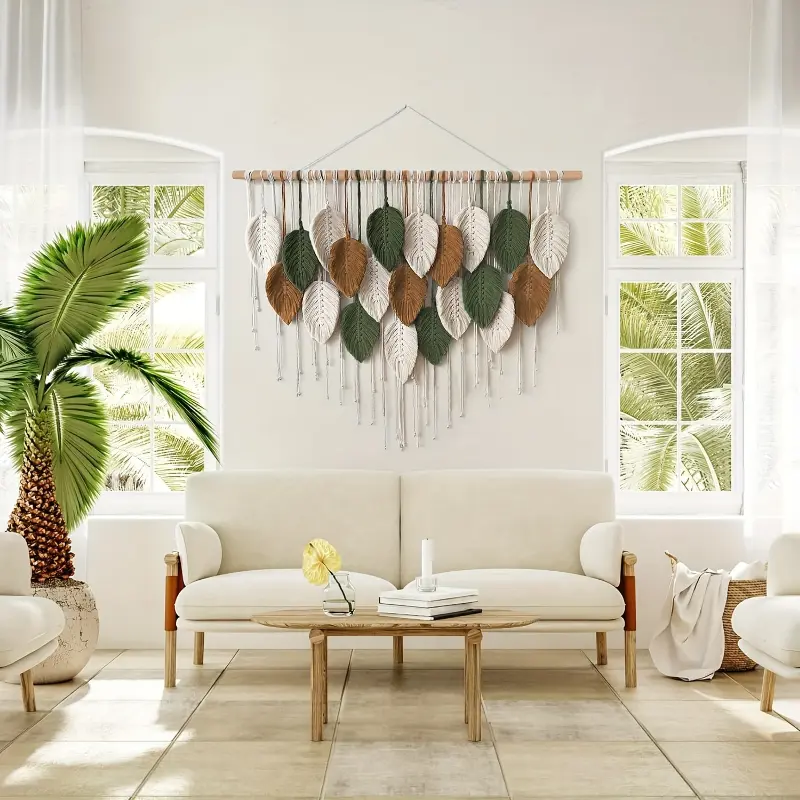 Bohemian Hand-Woven Leaf Wall Hanging Tapestry - Artistic Bedroom Headboard Wall Decor, Acrylic Macrame Leaves on Wooden Dowel, Indoor Living Room Wall Art, Woven Textile Home Accent, Eclectic Theme Posters fengshui ornament heal stone silk  flowers fake