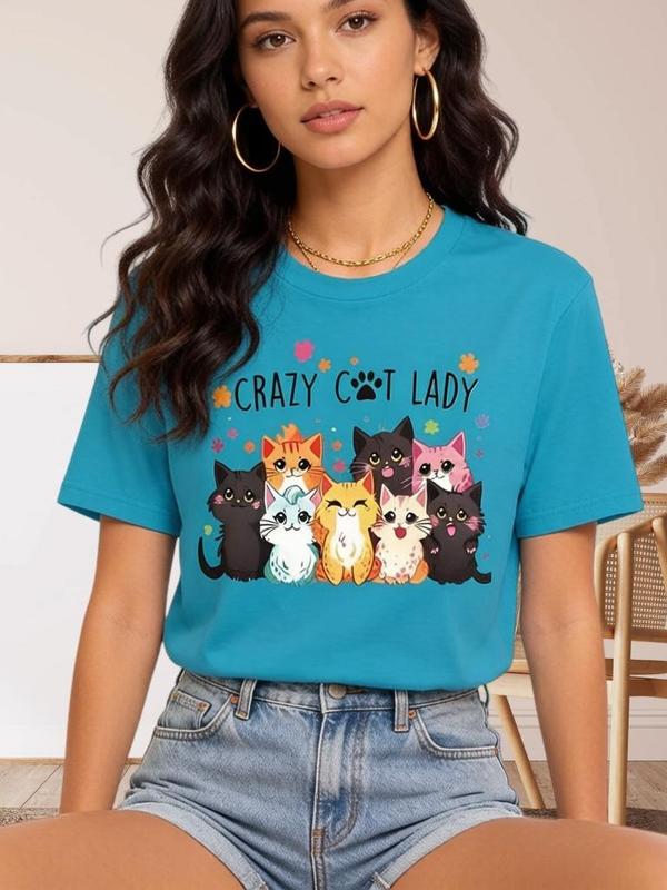 Women's Fitted Cut Cropped Cyan Round Neck Short-Sleeve Soft Cotton Backless T-Shirt (M) - Cartoon Digital Print Funny Crazy Lady Graphic, Cute Animal Paw Slogan, Cat Mom Valentine's Day Casual Top by Sohochic, Do Not Bleach
