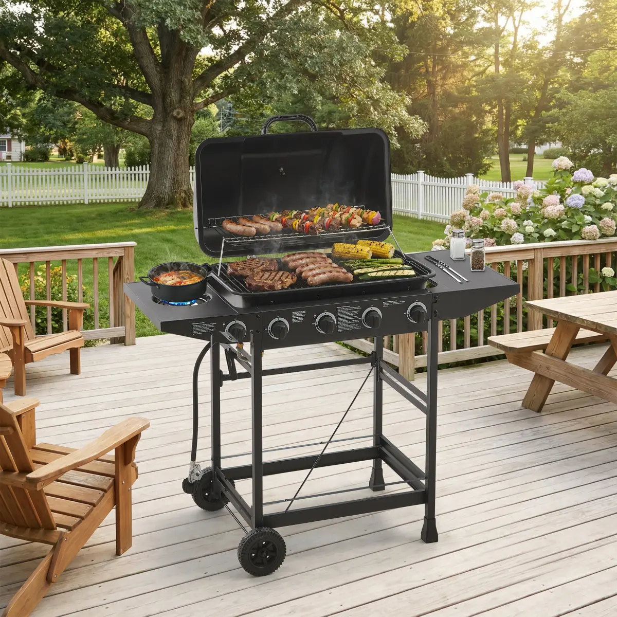 4-Burner 42000 BTU Propane Gas Grill with Side Burner, Stainless Steel Square Barbecue Grill with Enamel-Coated Cooking Grates, Side Prep Tables, Heavy-Duty Weather-Resistant Outdoor Kitchen Station for Patio Grilling, Oil-Resistant Easy-to-Clean Design,,