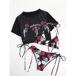 Women's 2026 Summer 3-Piece Swimsuit Set - Sexy Floral, Letter Side-Tie Bikini with Floral Bikini Bottom and Beach Cover-Up for Casual Vacation