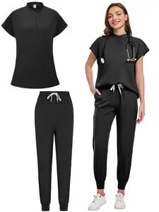 Workwear Handwashing Scrub Set, Casual Fashion Commute Scrub Suit, Stand Collar Sleeveless Top and Cuffed Pants, Ideal for Doctors and Nurses