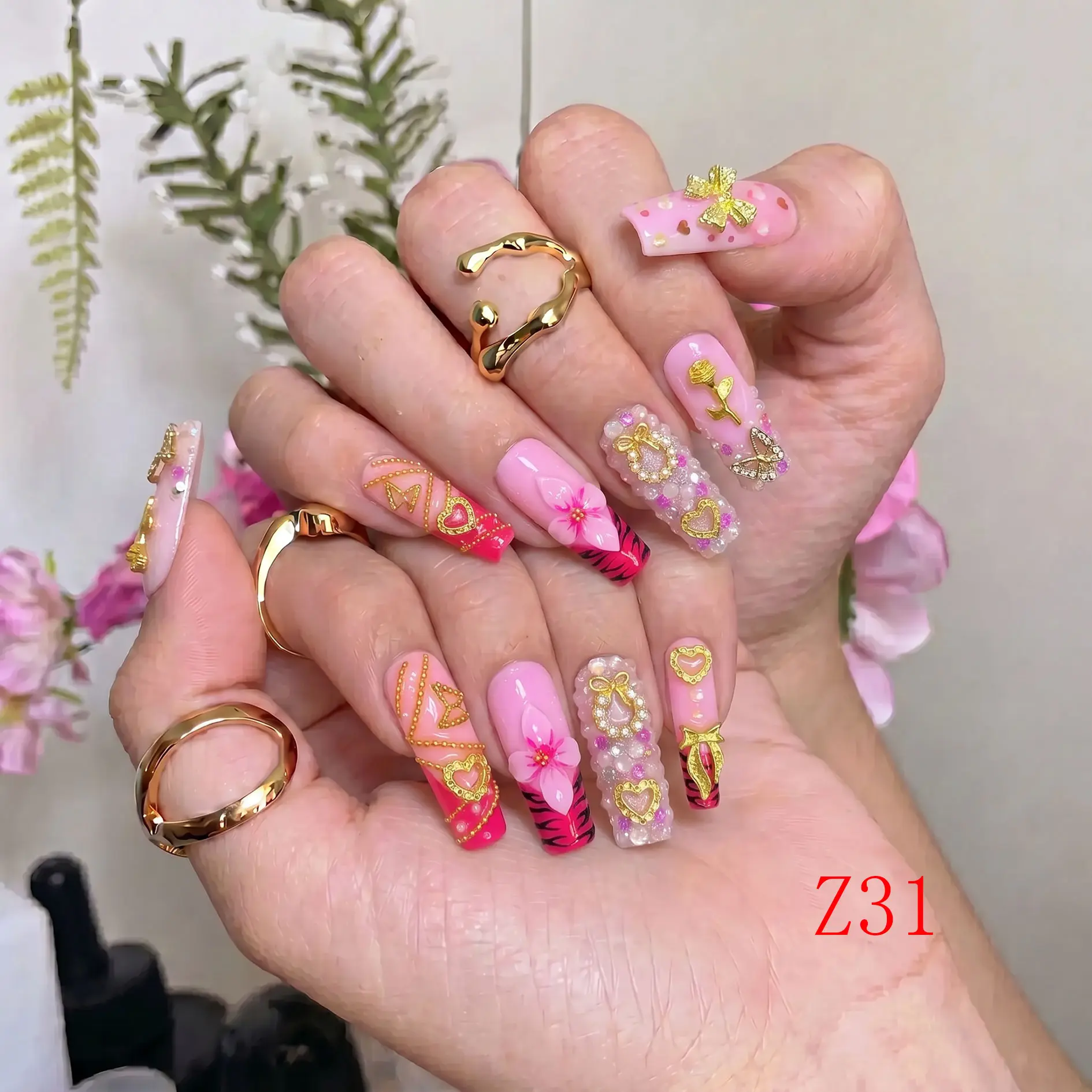 NailBeeBee Handmade Press on Nails, Reusable Acrylic Kit with 3D Charms, Girly Pink Tiger Stripe Design, Easy Apply Medium Square, 10 Pcs, Beauty Products, Glamorous, Daily Looks, Reusable Nail, Diy Nails At Home, Multi-Size