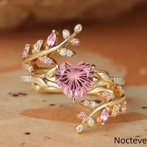 Women’s Twisted Branch Matching Simulated Pink Heart CZ Base Alloy Ring Set, Dual Stack Hand Inlaid Luxury Daily Jewelry Romantic Date & Elegant Feminine Lady Holiday Gift Wear
