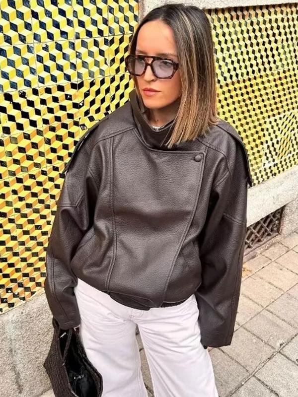 Faux Leather Stand Collar Oversized Moto Jacket, Elastic Hem Streetwear, Casual Long Sleeve Water- and Wind-Resistant Outerwear for Spring & Fall, Ladies Clothes for Daily Wear, Chic Outerwear