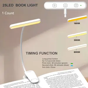Wild Bright 1-pack rechargeable clip-on desk lamp, 25 LED adjustable bedside swivel reading lamp, 5 color temperatures, stepless dimming, up to 60 hours of usage, suitable for bedrooms, dormitories, libraries