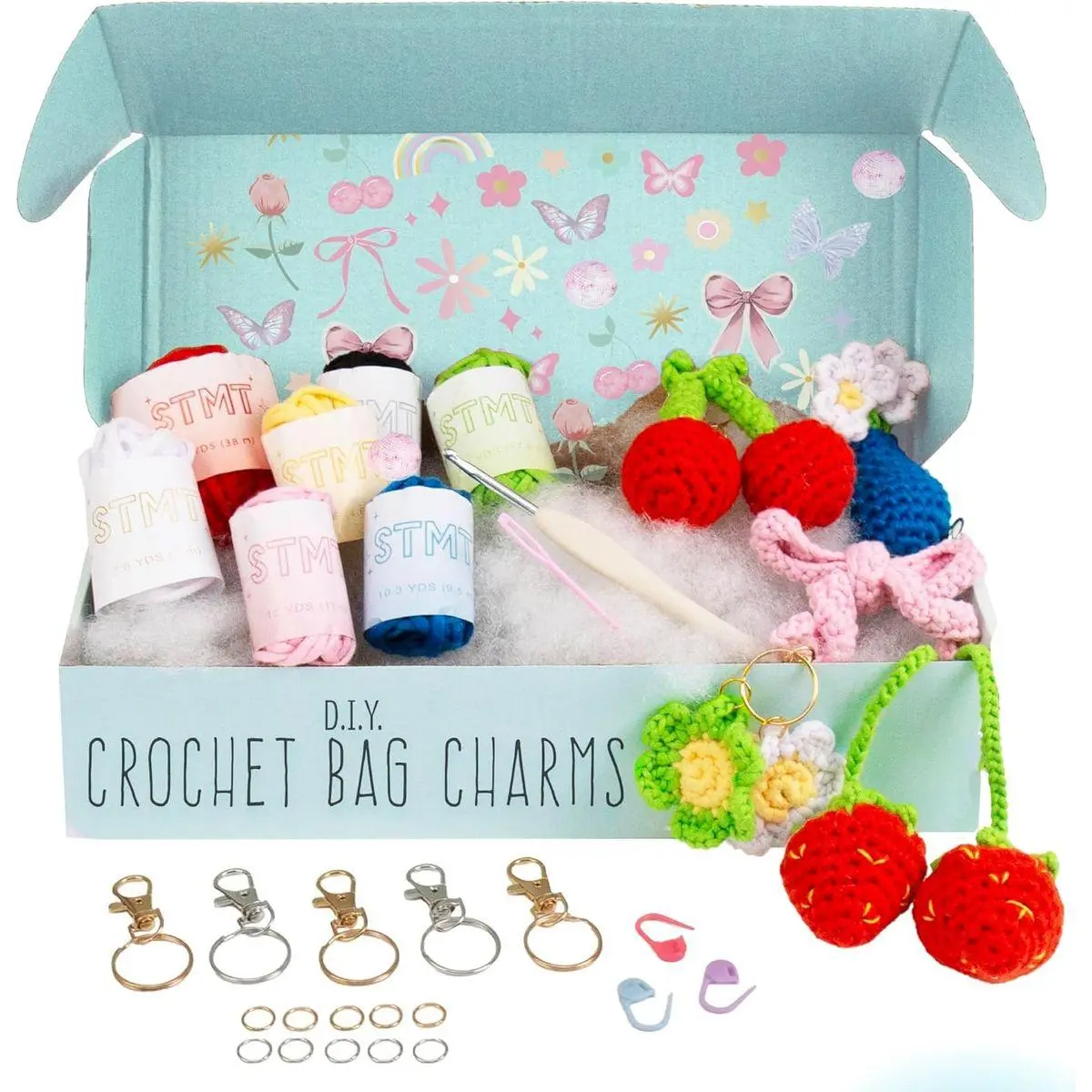 STMT D.I.Y. Crochet Bag Charms, Creates 7+ Keychains, Crochet Kit for Beginners with Yarn, Starter Hooks, Step-by-Step Tutorials, DIY Craft, Great Teen Gifts