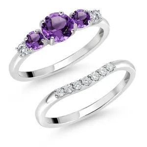 Gem Stone King 10K White Gold Purple Amethyst and White Lab Grown Diamond 5 Stone Bridal Engagement Wedding Ring Set For Women (0.78 Cttw, Round: 5MM and 3MM)