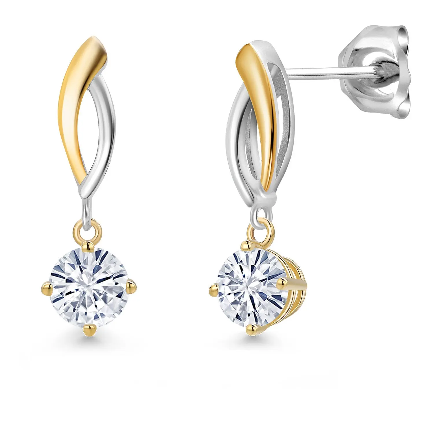 925 Silver and 10K Yellow Gold White Moissanite Dangle Earrings for Women | 1.00 Cttw | Gemstone Birthstone | Round 5MM