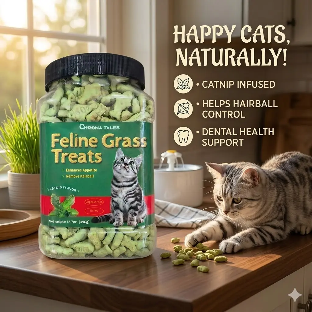 CHROMA TALES Cat Grass Treats for Cats, Natural Salmon Feline Treats for Hairball Control, Dental Care & Catnip Training Treats, Healthy Cat Snacks and Daily Chews for Indoor Cats, 13.4 ozfeline  grass  treats