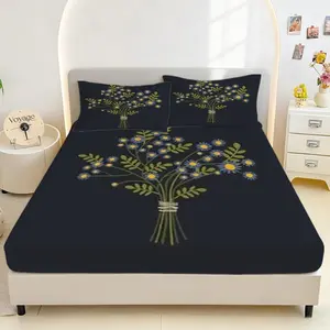 3pcs Bedding Set, Queen/king Size, Blue Floral Print, Deep Pocket, Non-Slip, Pet-Friendly, All-Seasons, Polyester Fiber
