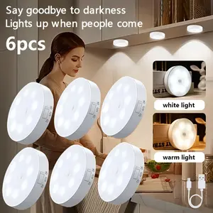 6pcs White/Warm USB Human Sensing Night Lights with Adjustable Brightness, Memory Function, LED Motion Sensor Lighting Suitable for Stairs, Corridors, and Cabinets, Perfect Decoration for Halloween and Christmas