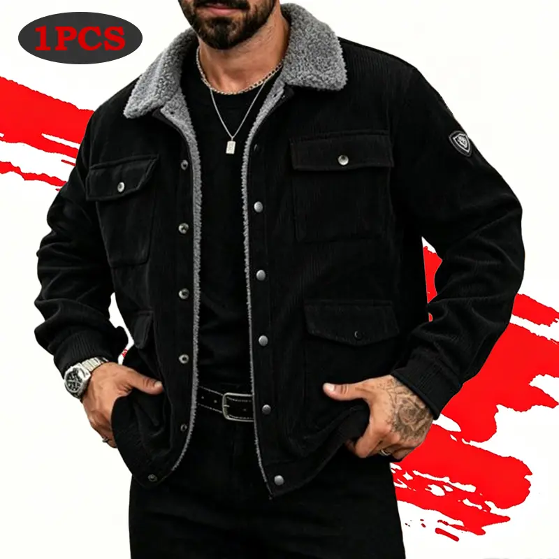 Men’s turn-down collar jacket with multiple pockets, fleece-lined for added thickness, warm and comfortable workwear outerwear