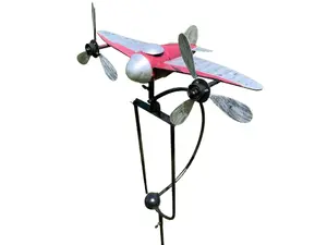 Kinetic Metal Double Propeller Airplane Yard Stake Wind Spinner Rocker Rocking Whirly-Gig Garden Art - 43.5" Tall