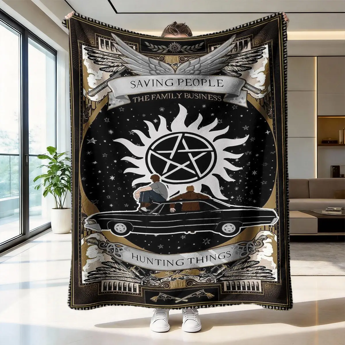 Supernatural Theme Slogan Graphic Blanket - Soft Flannel Throw, Distinctive Print, Fantasy Style, Warm Durable Fleece, Perfect Fan Gift, Cozy Home Decor, All-Season Use, Distinctive Print Blankets, Fantasy Style Blankets