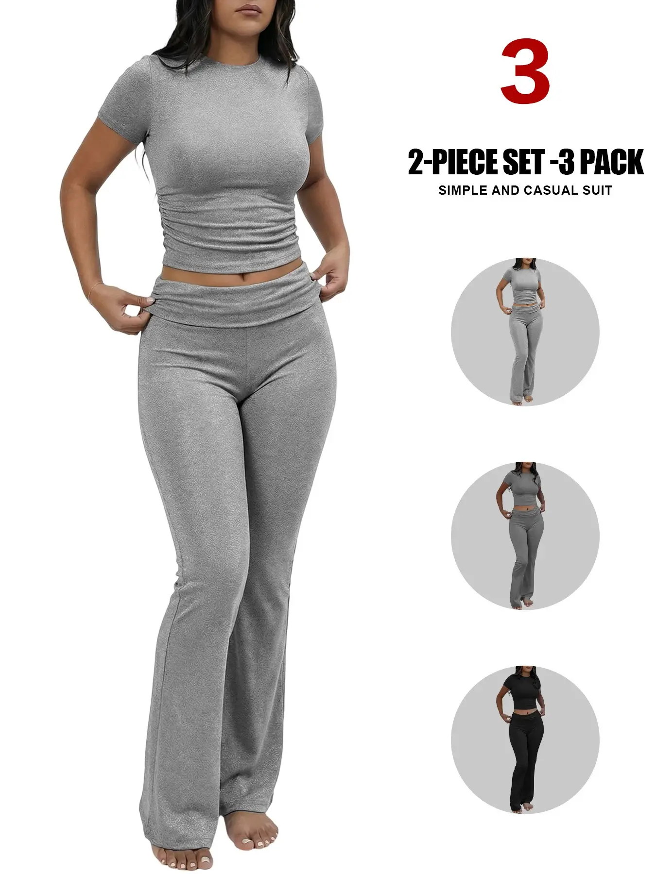 Women's 2 Piece Lounge Outfits Slim Short Sleeve Tops Low Rise Ruched Sports Flare Leggings Sets Yoga Sweatsuit Ruched Workout Set