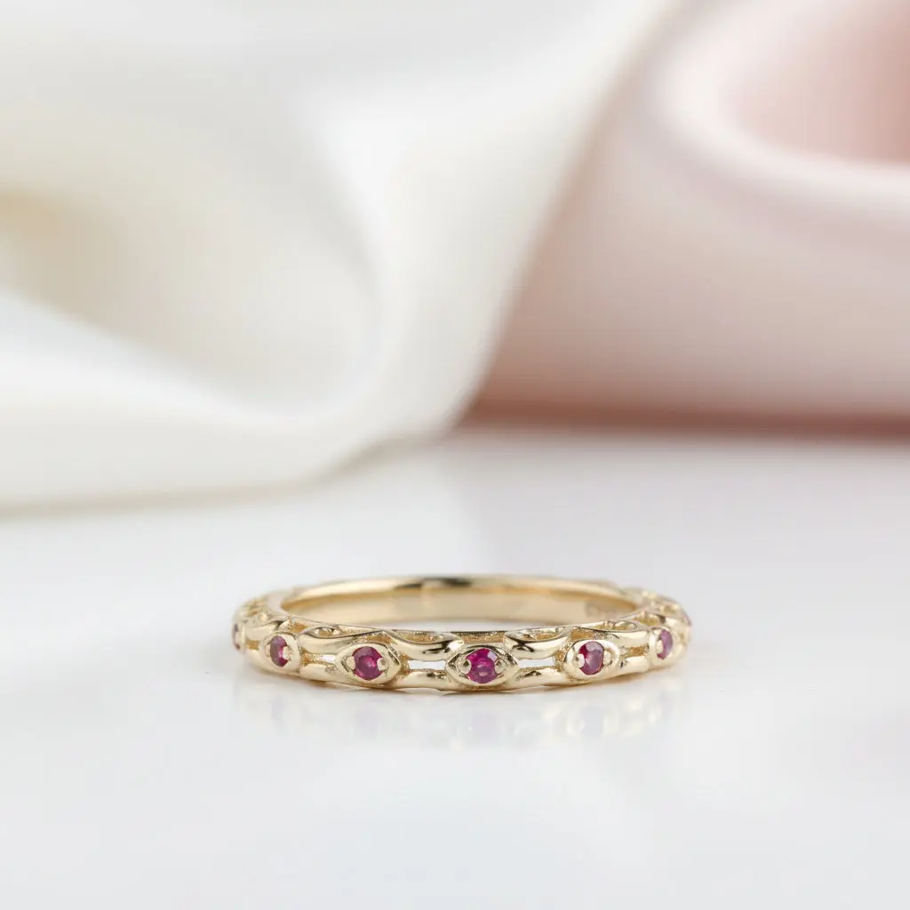 14k Yellow Gold Red Ruby Stack Half Eternity Ring Band