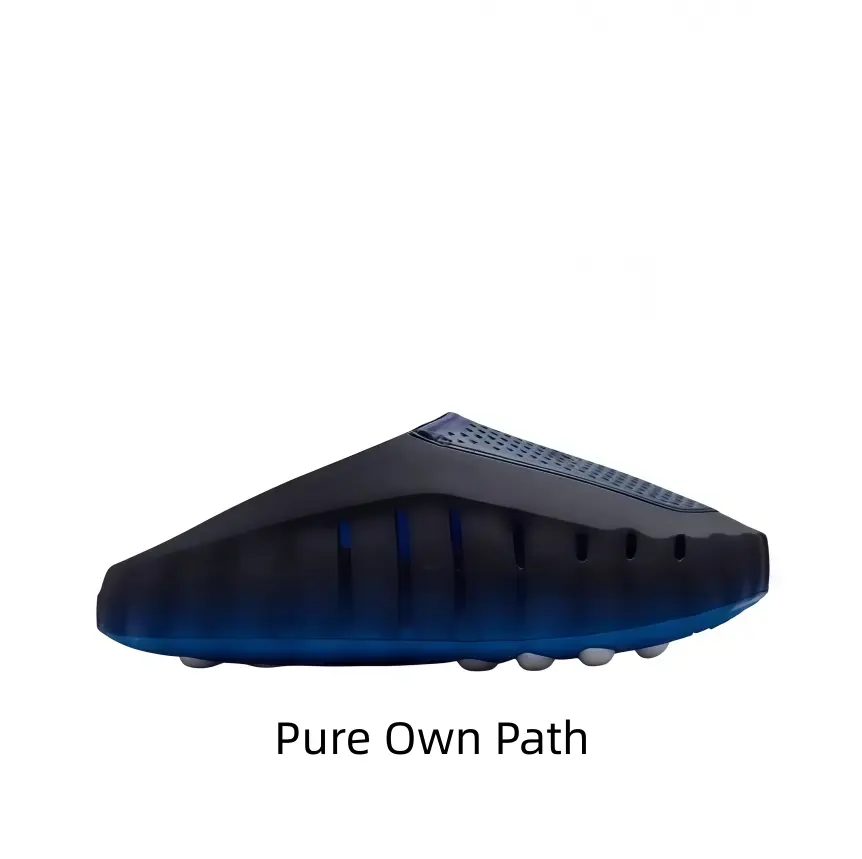 Sleek gradient black to blue molded slip-on clogs with ventilated toe cutouts. Grooved side design enhances texture, thick cushioned sole delivers comfy support for street and daily casual wear.