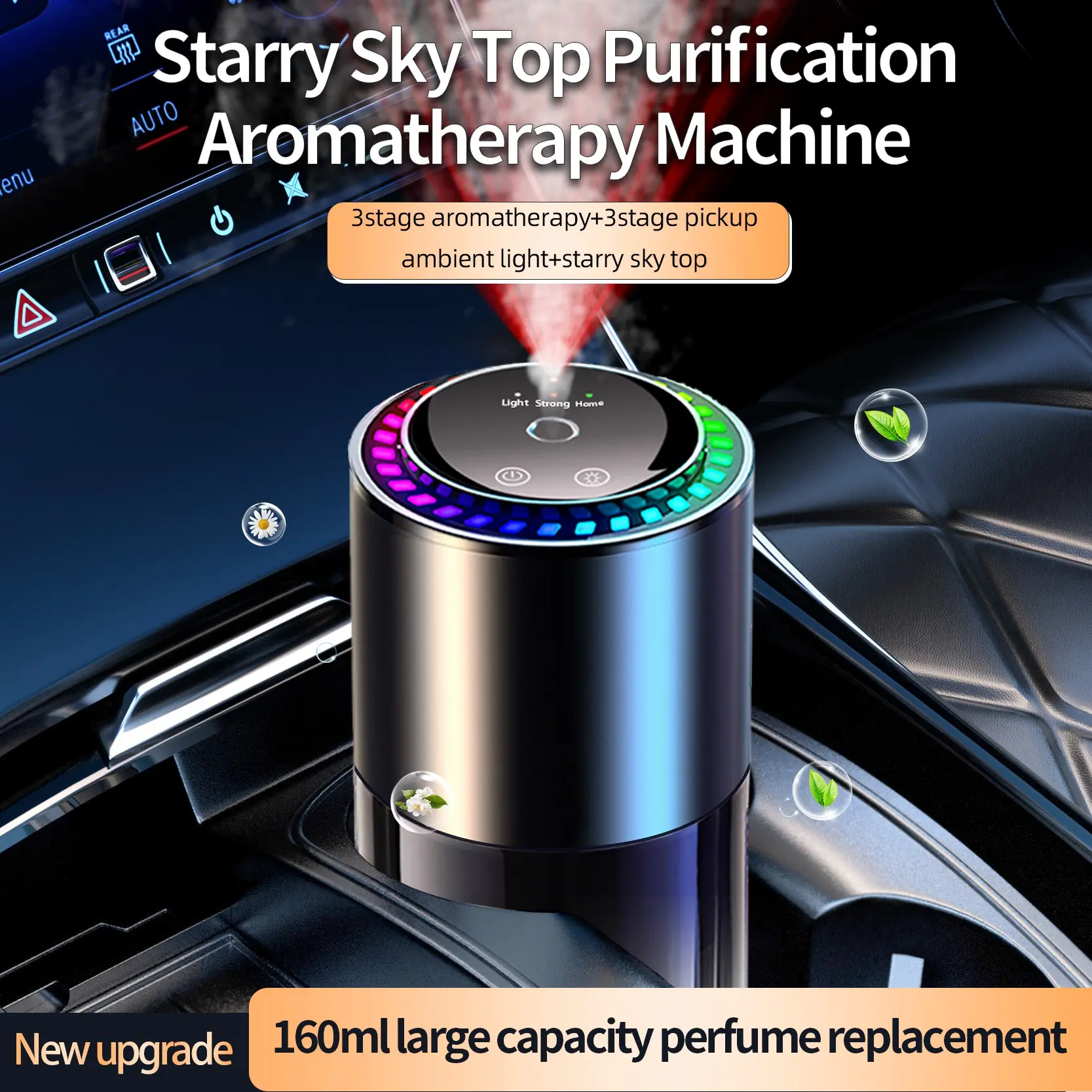 Car Air Freshener, Starry Sky Light, 200 Days Use (160ML Super Refillable), 15s Full-Car Fragrance, Adjustable Intensity, Auto On/Off, Ambient Light, Ocean Scent, Perfect for Car/Bedroom, Car Interior Accessories, Car Aromatherapy Machine