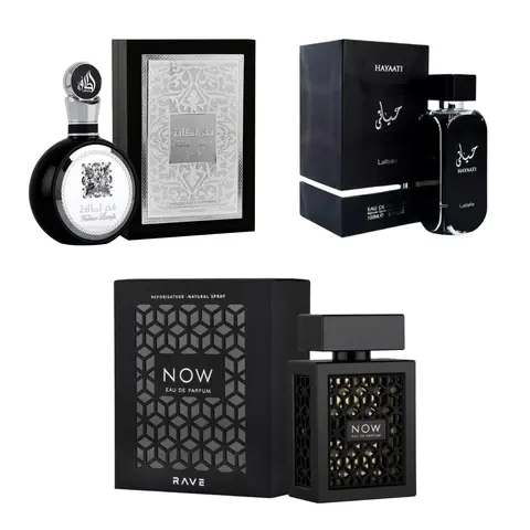 (3pc Bundle Pack) Hayaati + Fakhar Men + Rave Now Men by Lattafa EDP Spray, 3.4oz