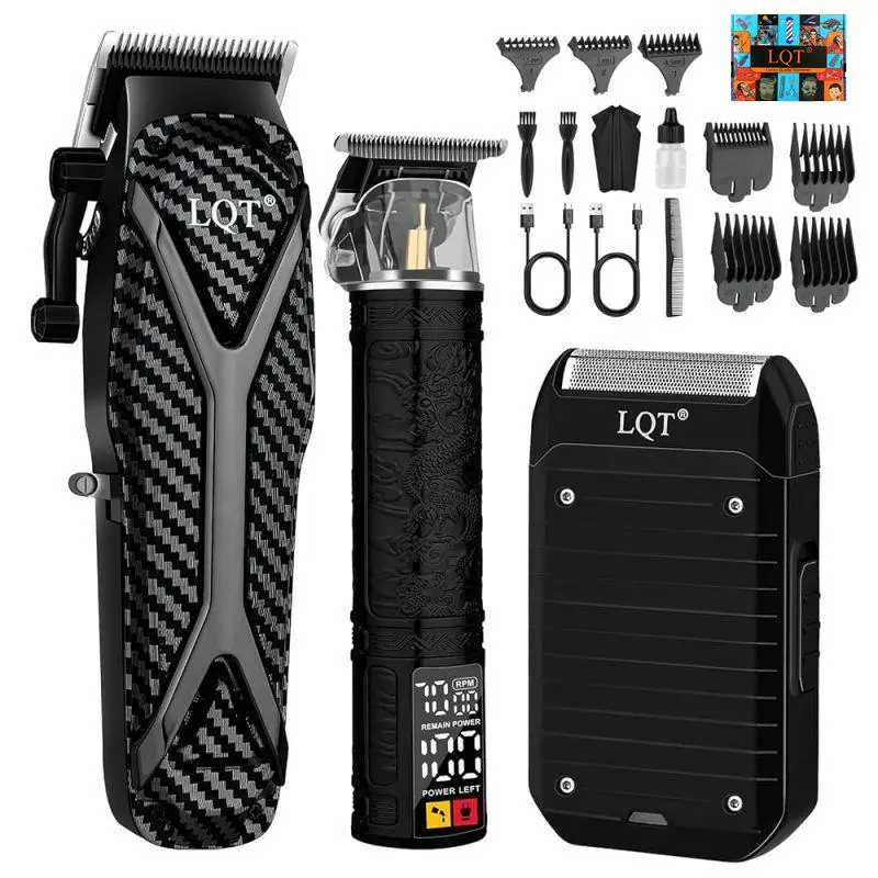 LQT 3-in-1 Professional Hair Clipper Kit, Carbon Fiber Hair Clippers, Detail Trimmer & Foil Shaver, Cordless USB Rechargeable Barber Set for Men with Limit Combs