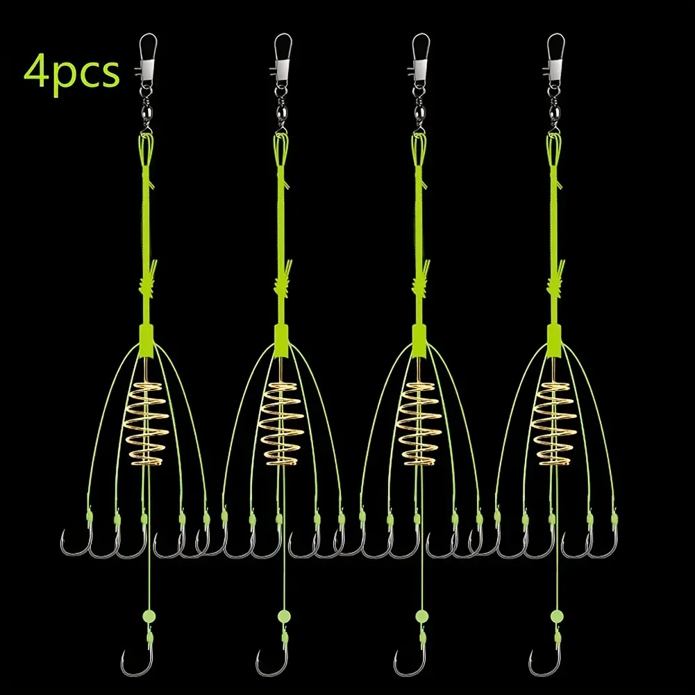 4pcs High Carbon Fishing Hooks - Automatic Explosion Bait Cage Feeder with Barbed Hooks, Green & Yellow, for Efficient Fish Catching, Fishing Bait, Efficiency, Fishing Gear, Fishing Supplies, Fishing Tools
