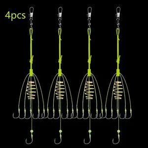 4pcs High Carbon Fishing Hooks - Automatic Explosion Bait Cage Feeder with Barbed Hooks, Green & Yellow, for Efficient Fish Catching, Fishing Bait, Efficiency, Fishing Gear