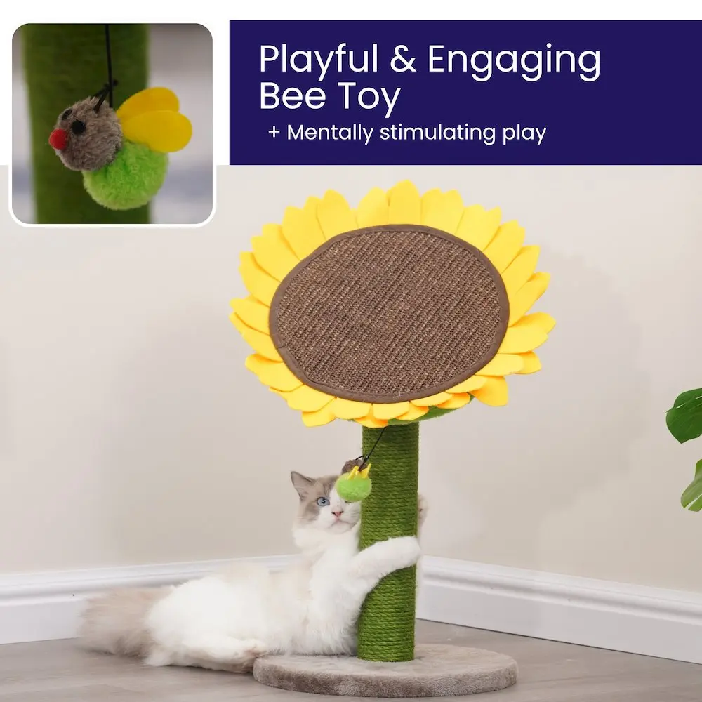 26" Sunflower Cat Scratching Post - Jute/Sisal, Replaceable Parts, Washable Beds, Bed Conversion, Minimalist Home Decor, Furniture Protection for Cats