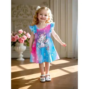 Toddler Girl's Cartoon Unicorn Print Sweater Dress, Cute Casual Fashion Cap Sleeve Dress for Daily Outdoor Wear, Toddler Girls Dress for Summer