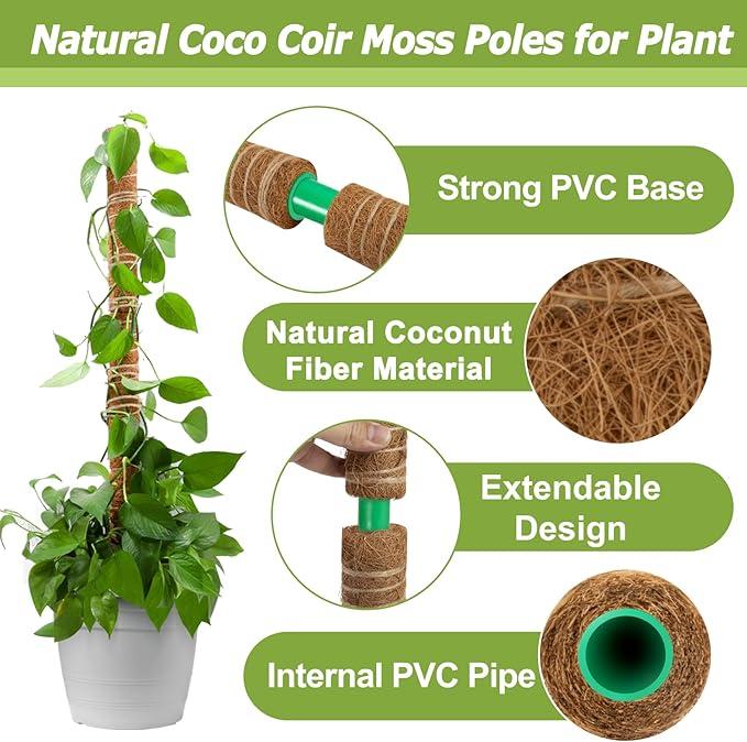 2 Pcs 15.7" Moss Totem Poles for Monstera, Coco Coir Plant Support Stakes with Jute String for Climbing Indoor Potted Plants
