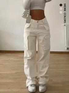 Women's High Waist Cargo Pants, Slight Stretch Wide Leg All Season Wear, Casual Lazy Style, Comfortable Fit, Fine Fabric