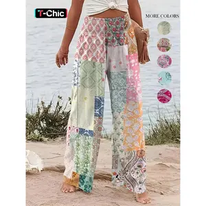 Women's Patchwork Print Elastic Waist Wide Leg Pants, Casual Loose Pants, Boho Bohemian Casual Trousers for Beach Vacation Holiday, Ladies Bottoms for All Seasons
