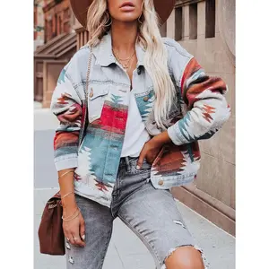 Women'S Denim Aztec Jacket Lapel Long Sleeve Vintage Button Down Denim Jacket