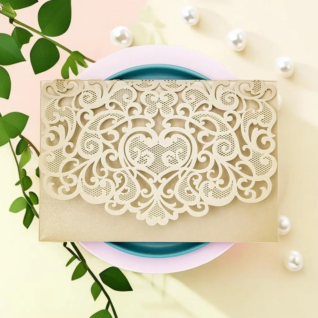20 count Laser Cut Wedding Invitations Pocket with Envelope for Wedding Quinceanera Birthday Party Bride Showe Invite 4.92 by 7.28 inches (Champagne Gold, 20 count (No insert paper))