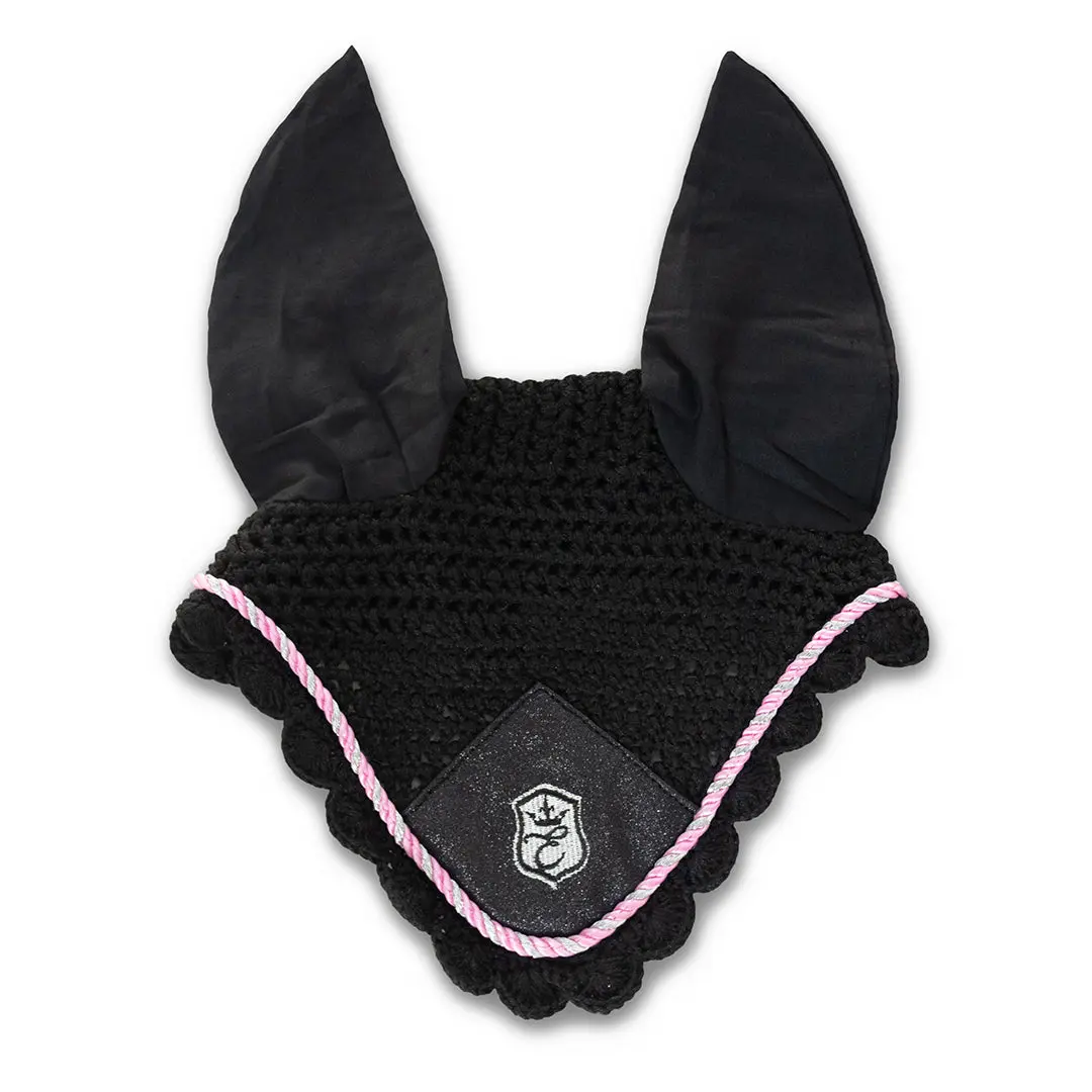 Midnight Black Fly Hat | Black Glitter Patch, Pink & White Lining, Breathable Horse Fly Bonnet