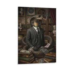Printed Canvas Art, Surreal Cobra in Suit (Smoking) with Money/Books, Vintage Retro Wall Decor for Home/Office/Living Room floating head posters