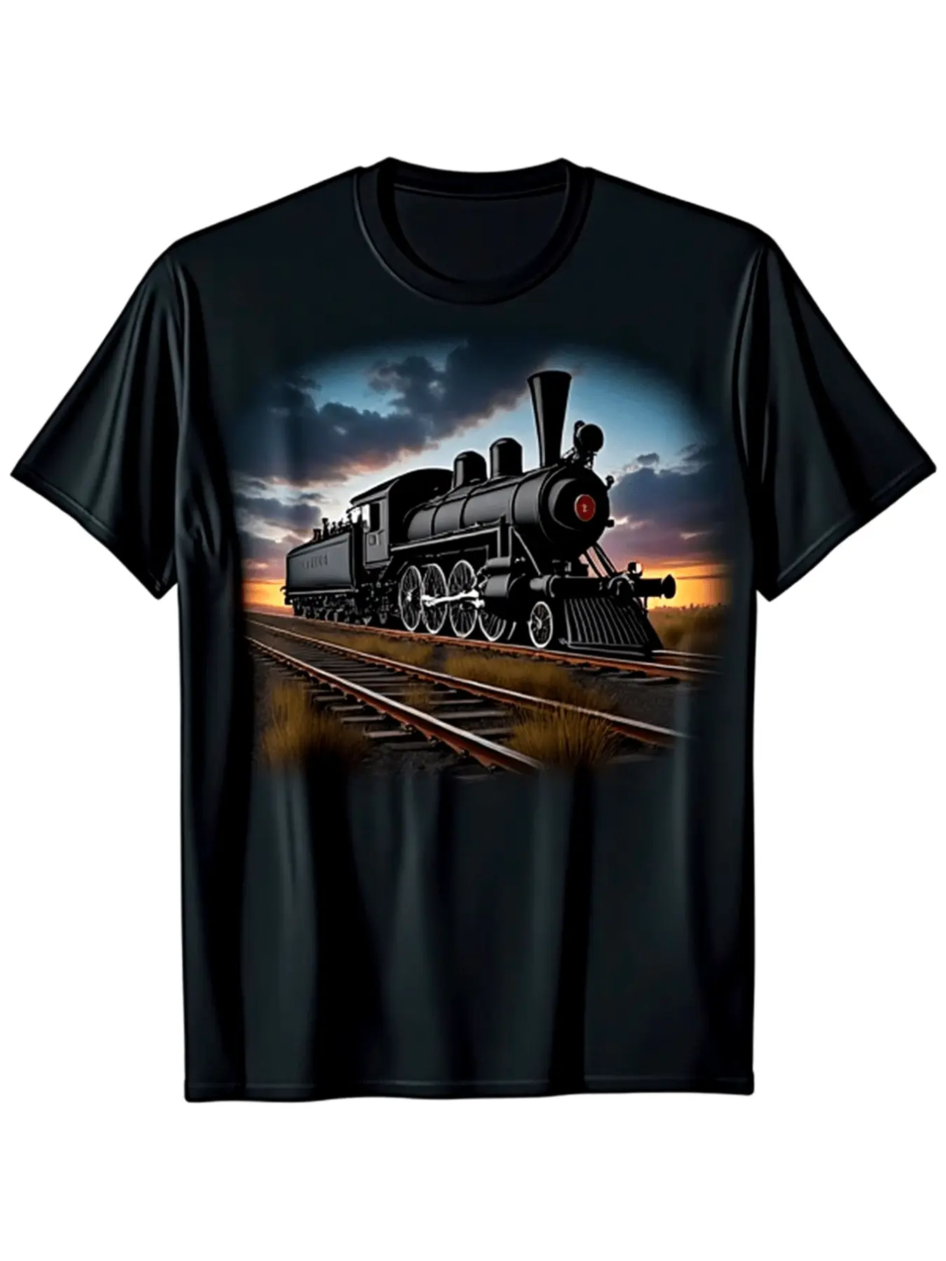 Men'S Vintage Steam Train Graphic T-Shirt, Black R unisex soft cotton short sleeve t shirt, vintage graphic casual tee for men women teens, perfect birthday holiday gift for camping travel gym daily street  wear
