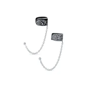 Set of 2 Boho Bali Ear Cuff Cartilage Vine Scroll Wrap Earrings Oxidixed Silver