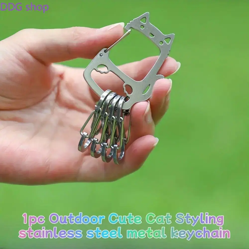 Sturdy Durable Laser-Cut Cute Cat Stainless Steel Keychain, Functional Heavy-Duty Carabiner Spring Hook, Compact Lightweight Key Holder for Daily Carry, Mini Gifts for Cat Lovers