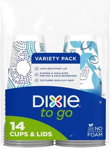 Dixie To Go Paper Coffee Cups With Lids 12 oz 14 ct Disposable Insulated Paper Cups for On-The-Go Hot or Cold Beverages Leak-Resistant & Non-Slip Grip Variety Pack