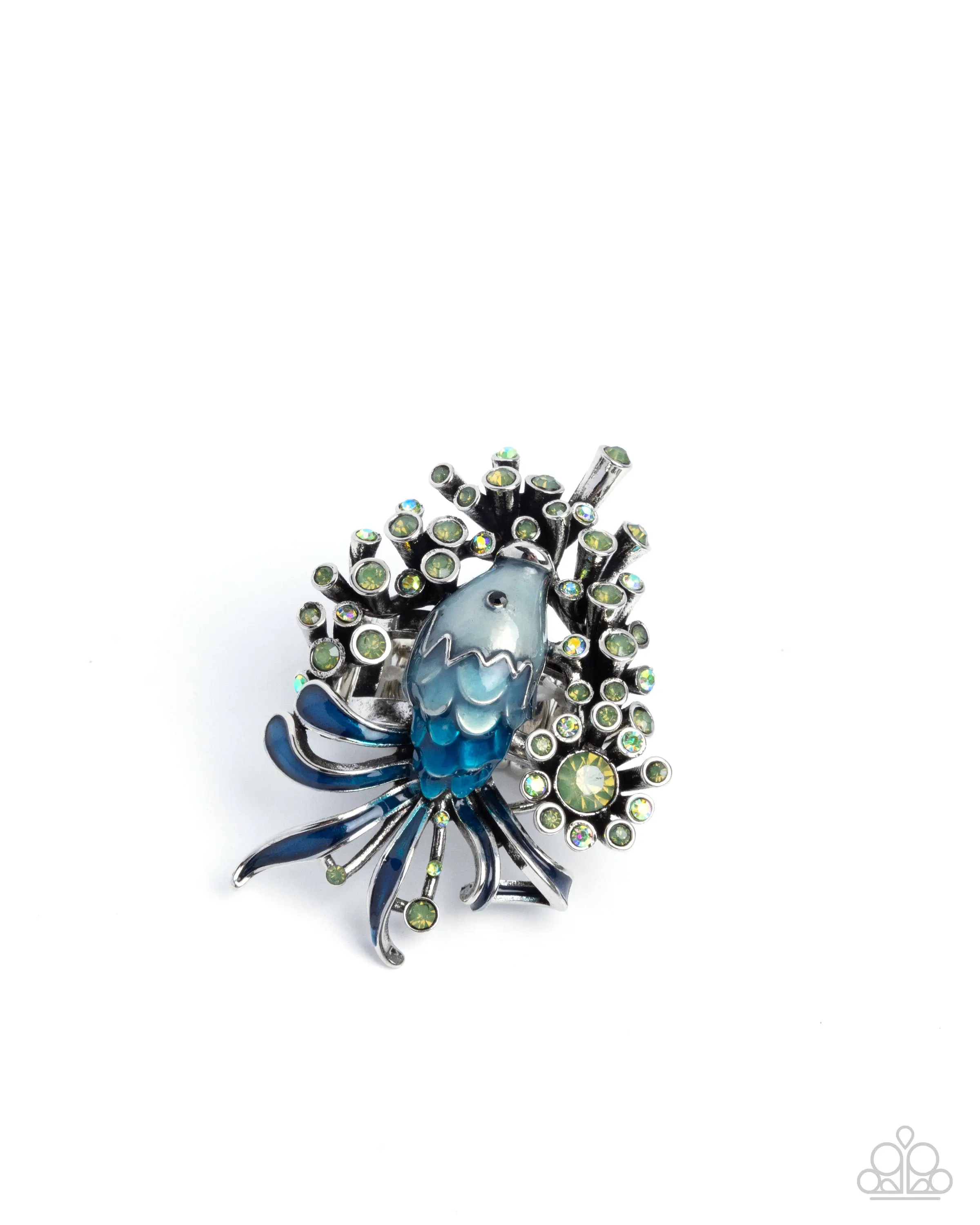 Swimming Through Sparkle - Blue and Green Iridescent Rhinestone Fish Ring - Paparazzi