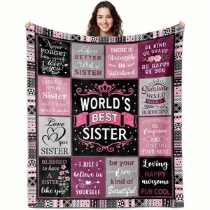 World's Best Sister Blanket - 280gsm Flannel All-Season Quilted Bedspread With Sisterhood Quotes, Pink & Black Floral Design & Sister Phrases, Washable Cozy Throw, /Present