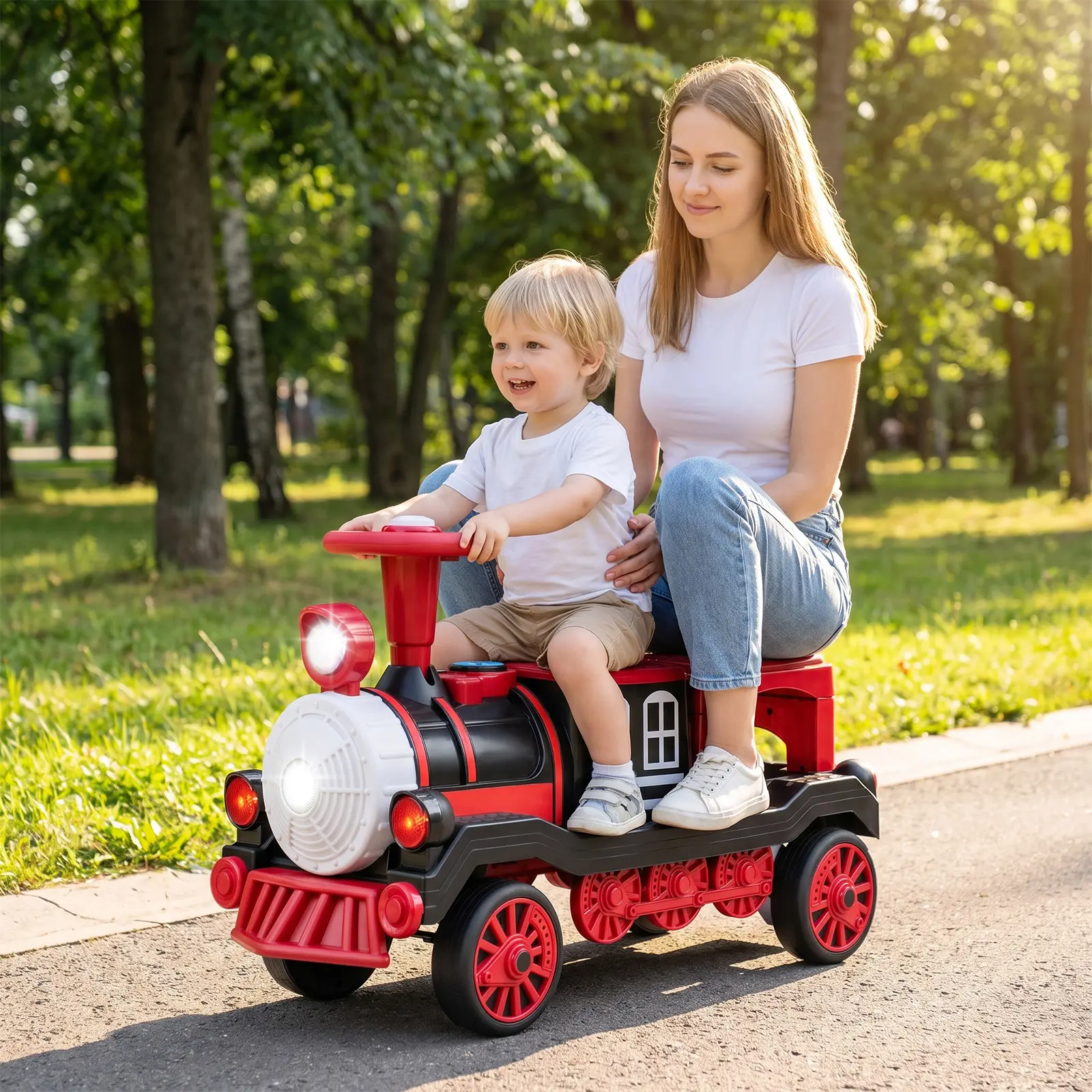 Costway Ride on Train Trackless, 12V 2-Seater/3-Seater Ride on Toy with Train Whistle, LED Lights, Music & Removable Chair, Electric Train w/One-Button & Soft Start, Gift for Boys & Girls,Christmas Festival Gift Black Friday Cyber MondayGift Season