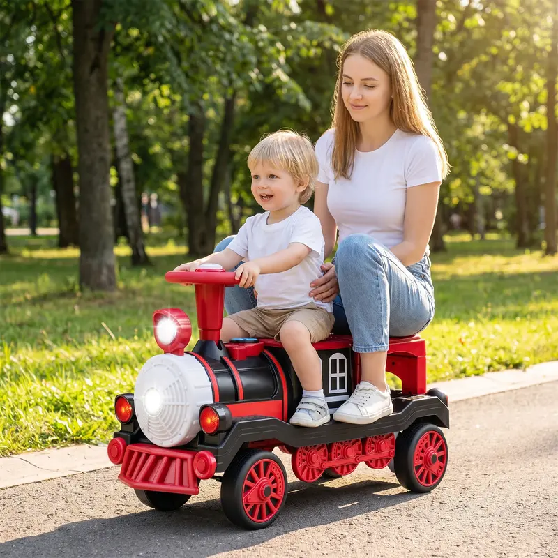 Costway Ride on Train Trackless, 12V 2-Seater/3-Seater Ride on Toy with Train Whistle, LED Lights, Music & Removable Chair, Electric Train w/One-Button & Soft Start, Gift for Boys & Girls,Christmas Festival Gift Black Friday Cyber MondayGift Season
