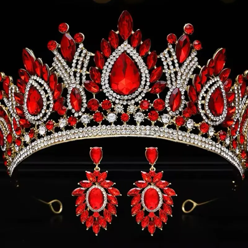 Set of Stunning Elegant Crown with matching earrings in red or lilac/ Set de corona elegante en color rojo o lila con aretes